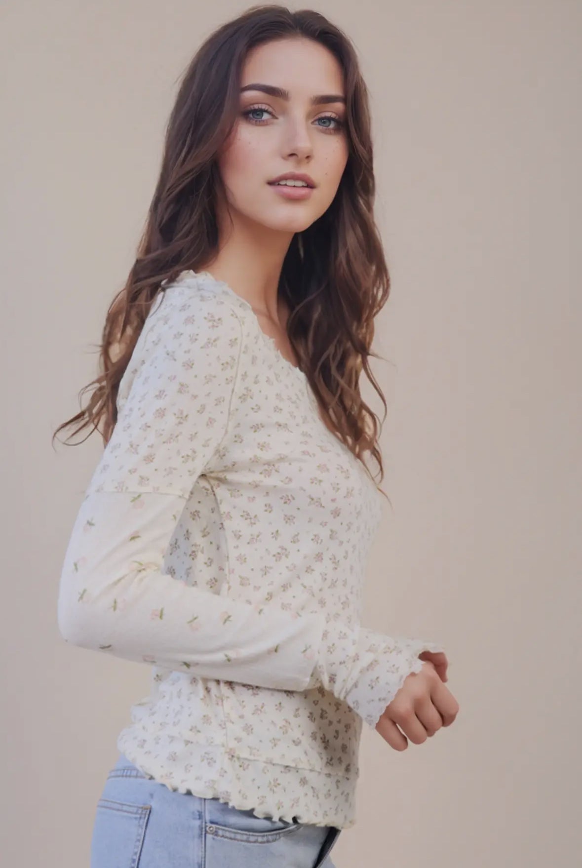 Gigi Floral Long Sleeve Lettuce Hem Top, Blush