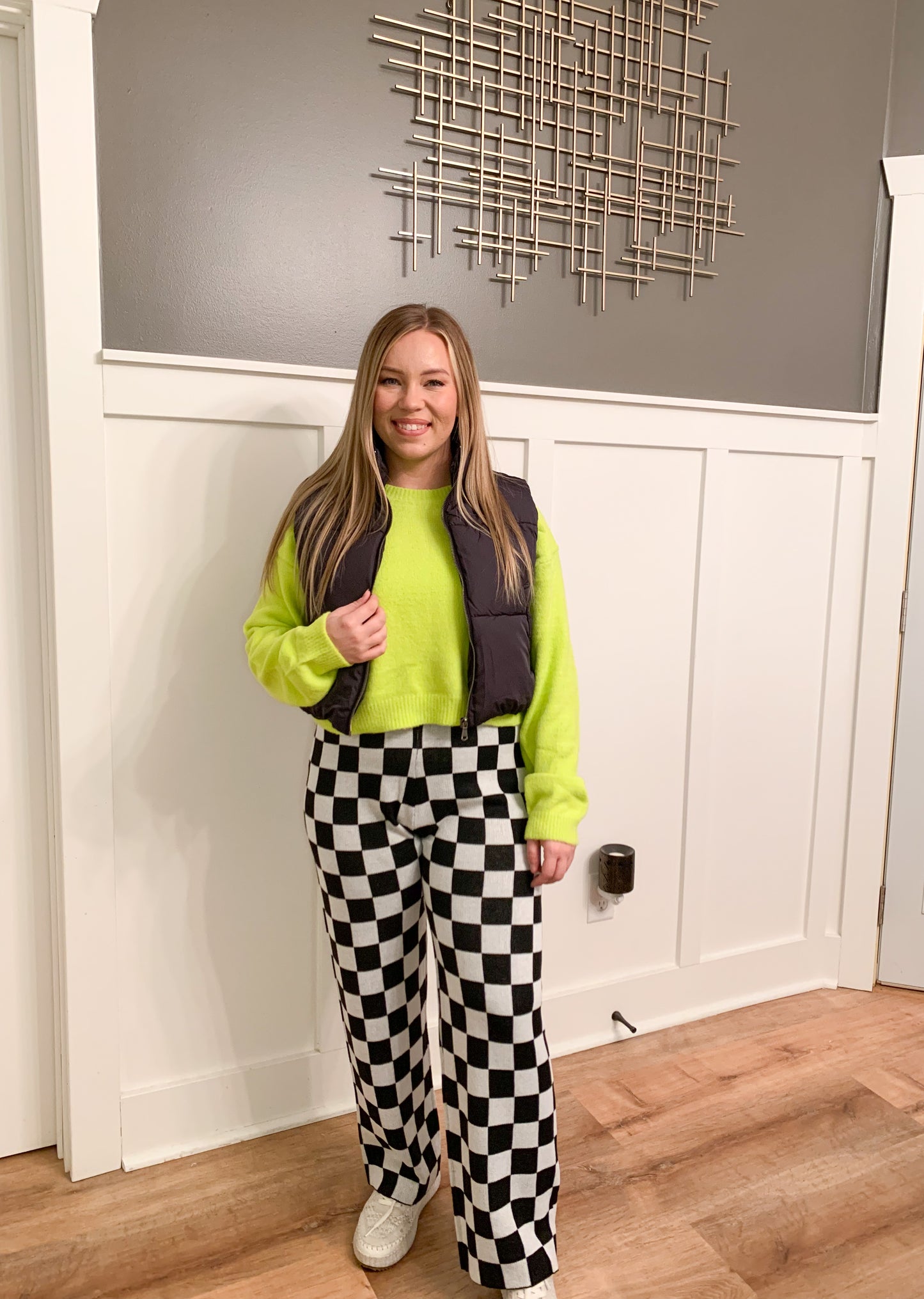 Kelse Checkered Knit Pants, Black
