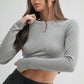 Vanessa Essential Micro-Rib Cropped Long Sleeve Athleisure Top, Grey