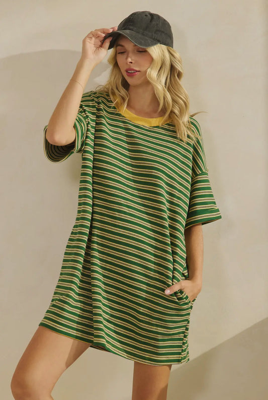 Sophie Striped T-Shirt Dress, Green / Yellow
