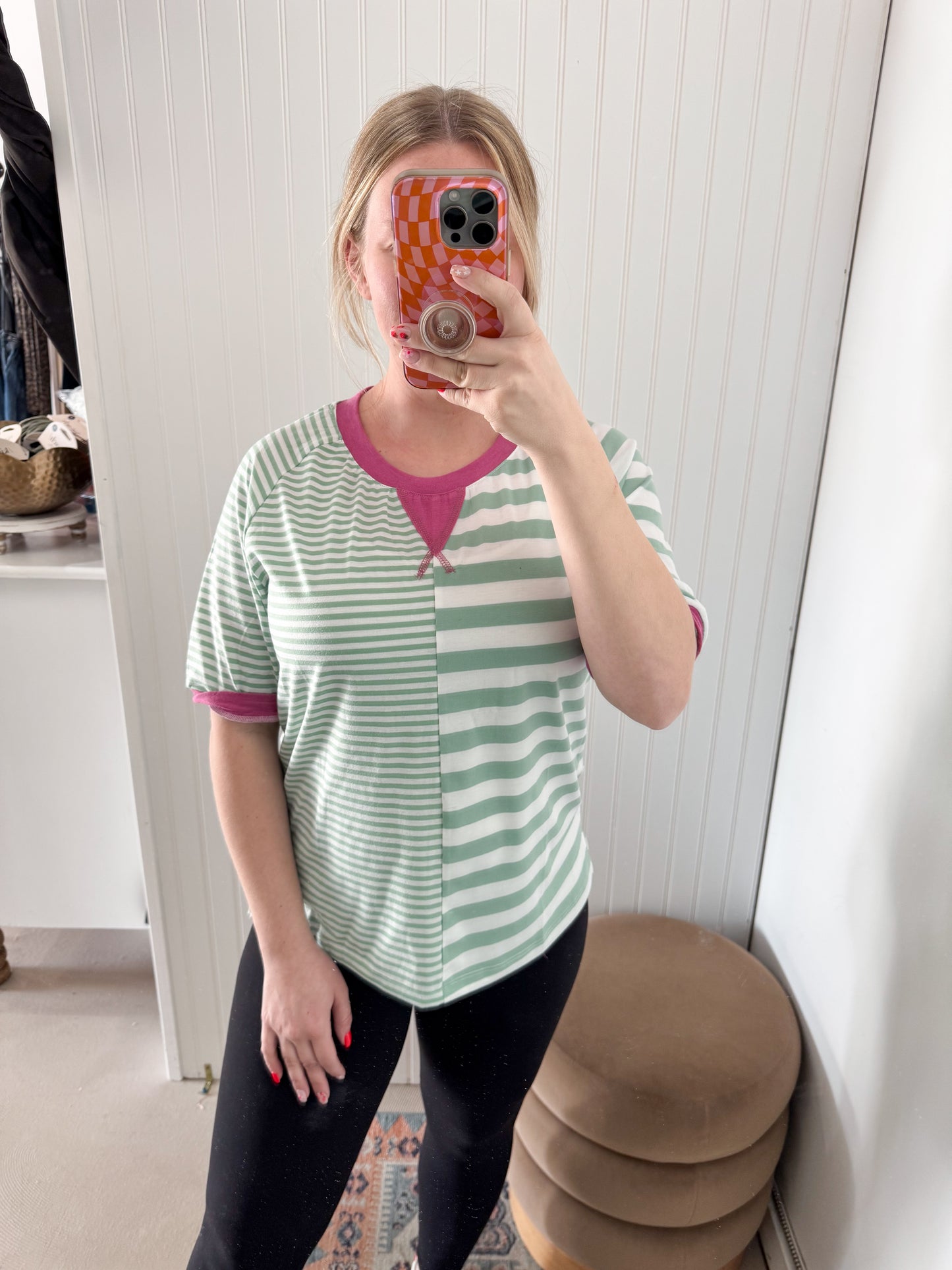 Neva Striped Color Block Half Sleeve Top, Dark Mint
