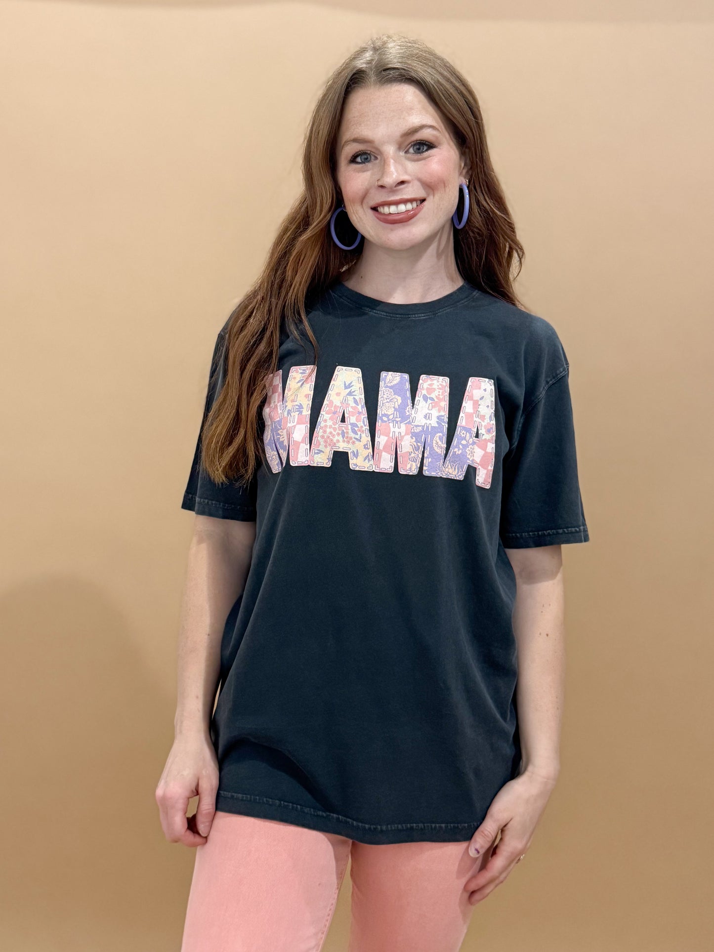 Patchwork Print Mama Graphic Tee, Black