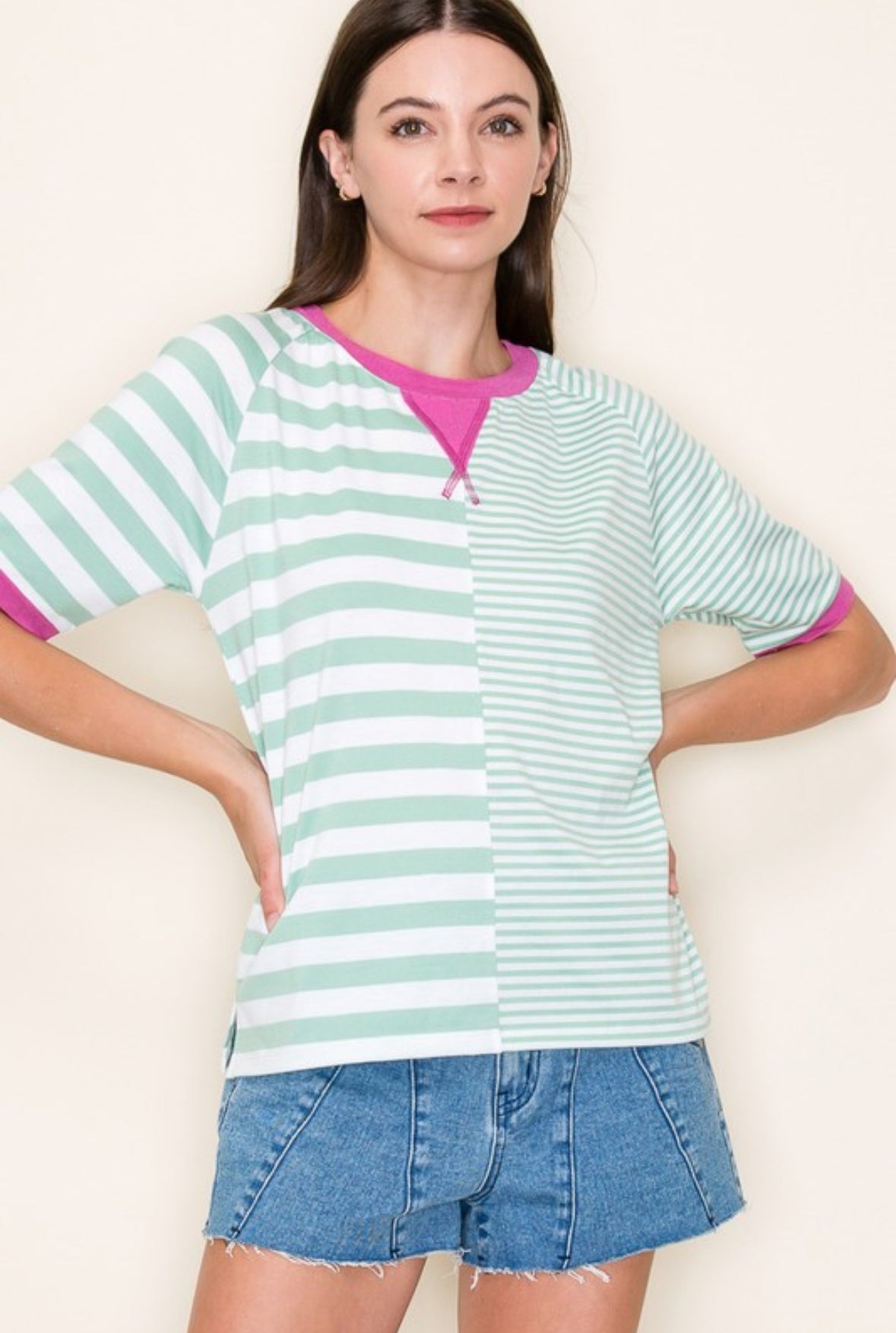 Neva Striped Color Block Half Sleeve Top, Dark Mint