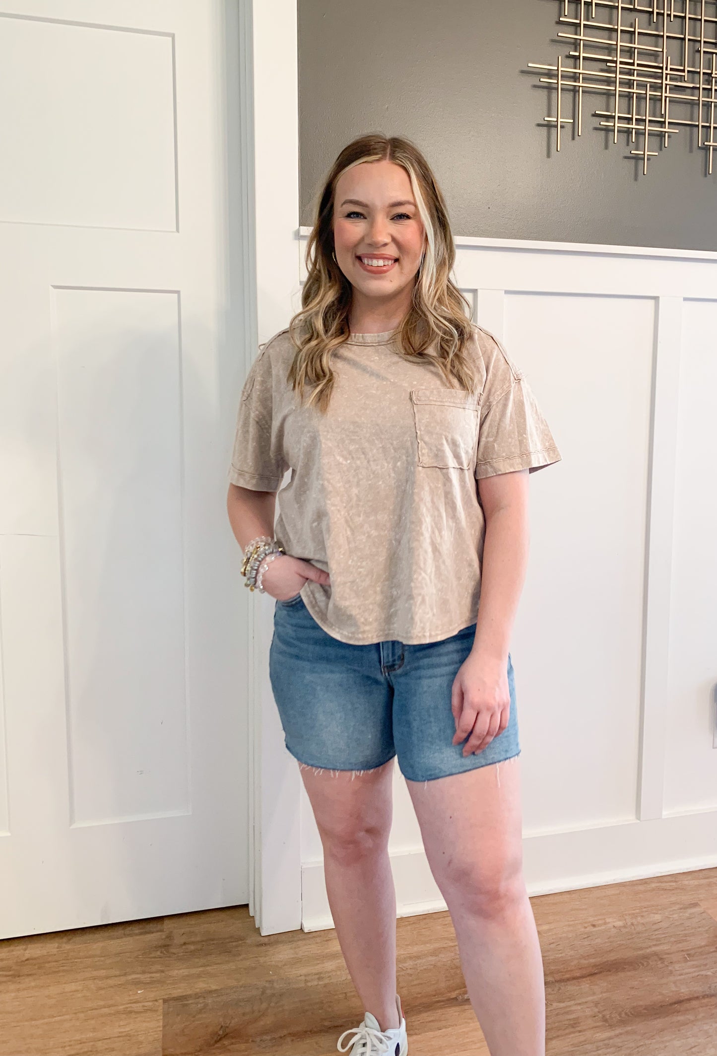 Mildred Acid Wash Pocket Tee, Taupe
