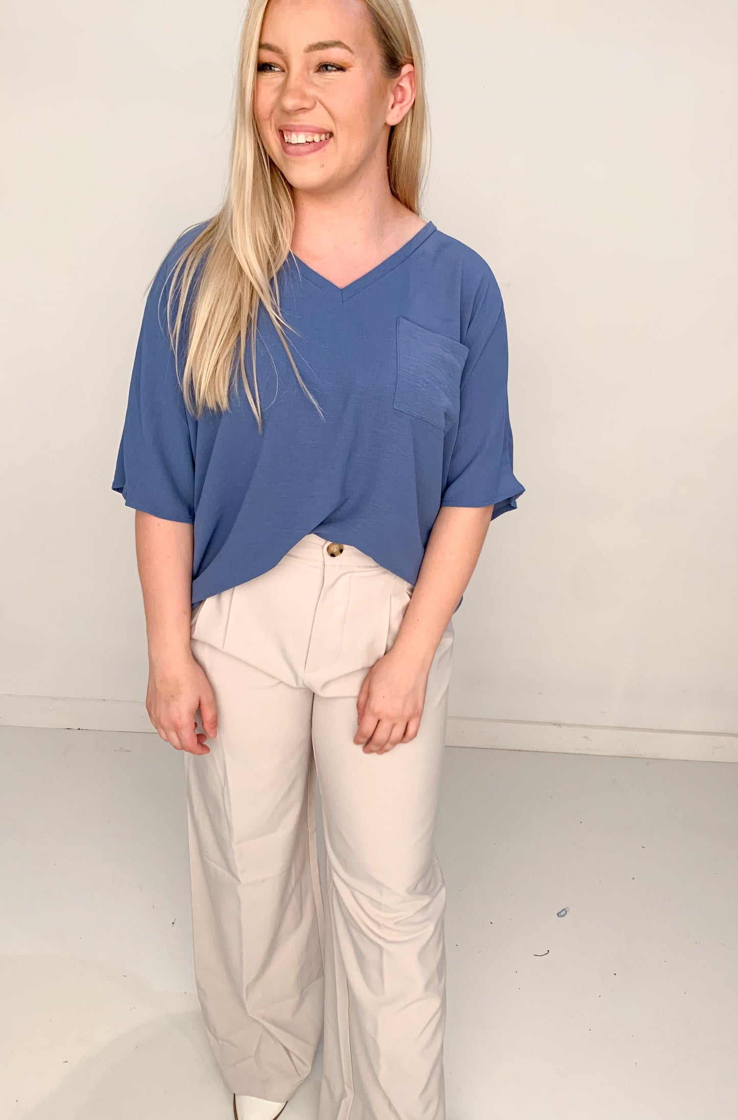 CeCe V-Neck Woven Top, Denim