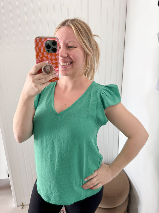 Cora V-Neck Flutter Sleeve Blouse, Green