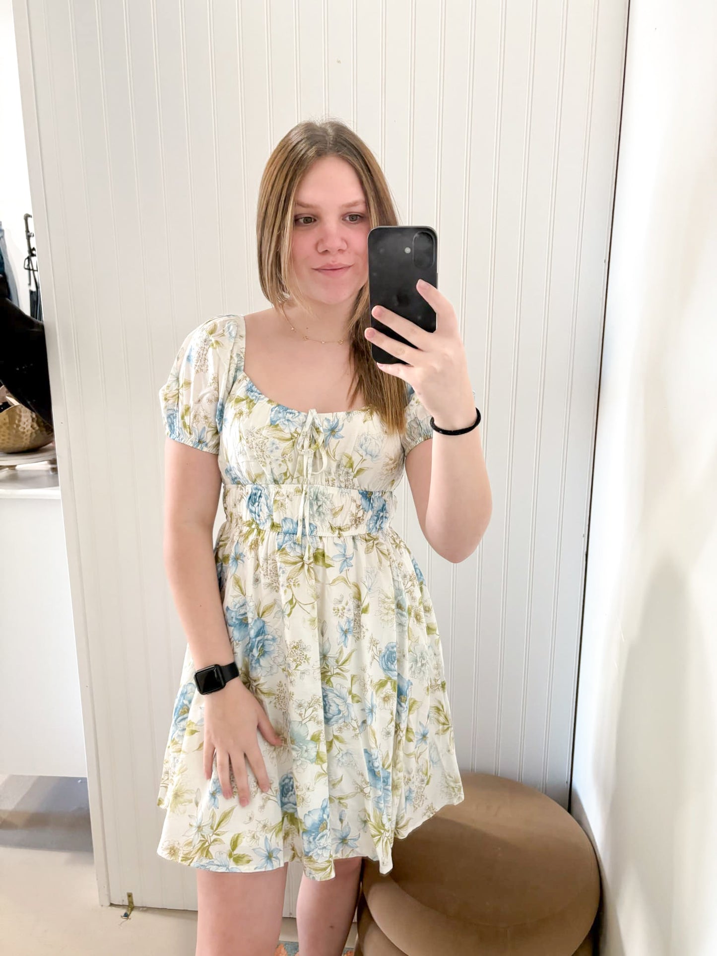 Finlee Blue Floral Shirred Puff Sleeve Mini Dress