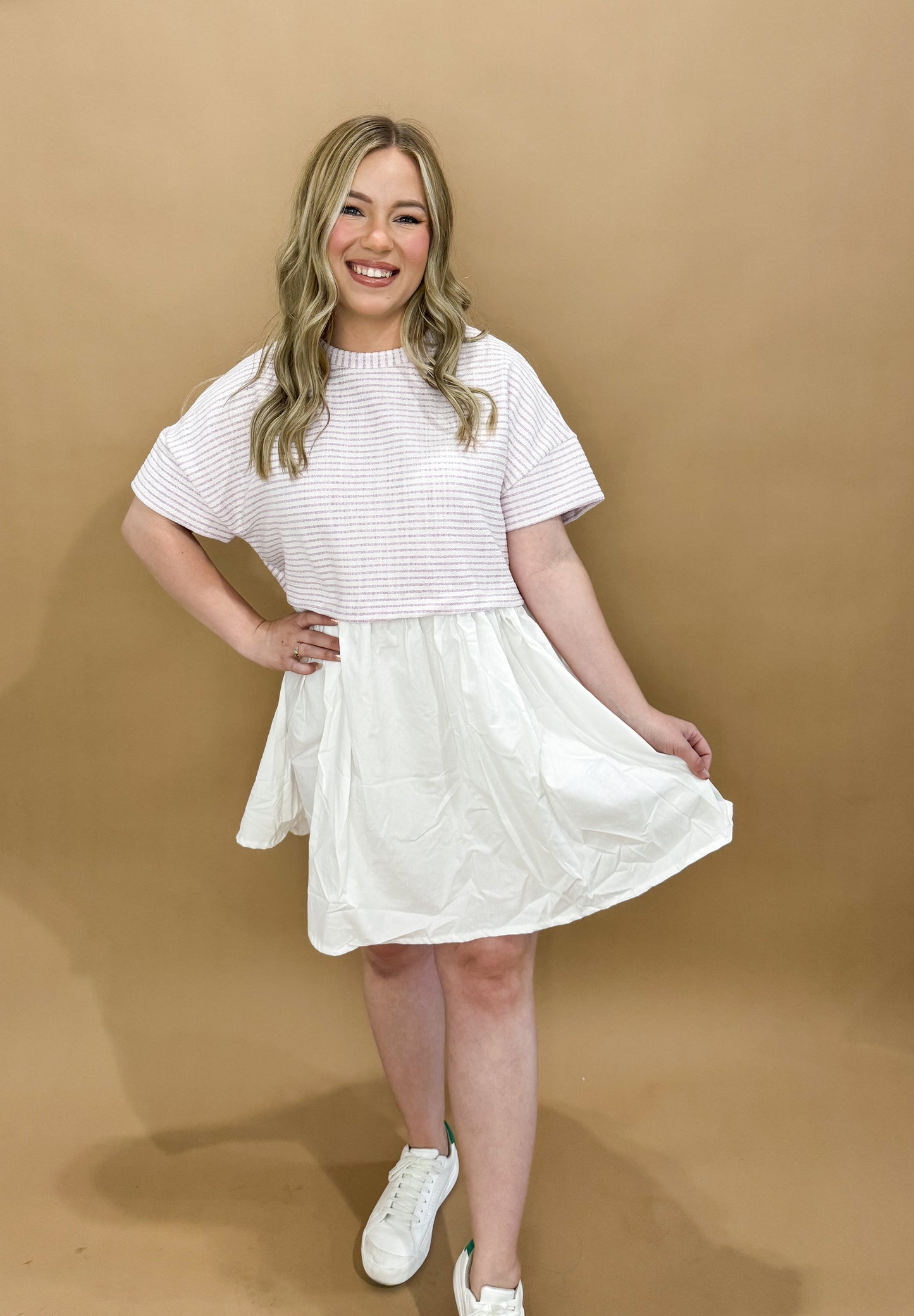 Lani Stripe Top Poplin Skirt Dress, Ivory/Lavender