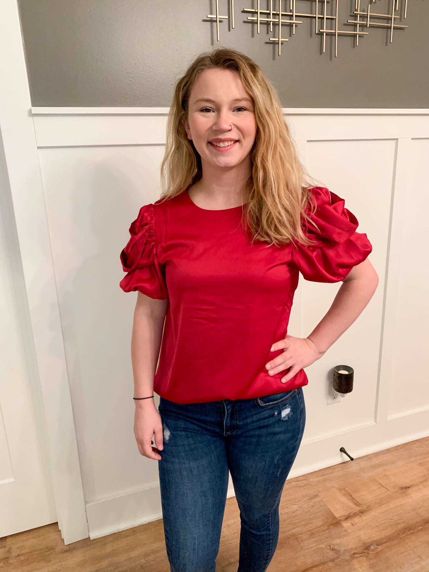 Avery Satin Fall Drape Sleeve Detail Blouse, Ruby