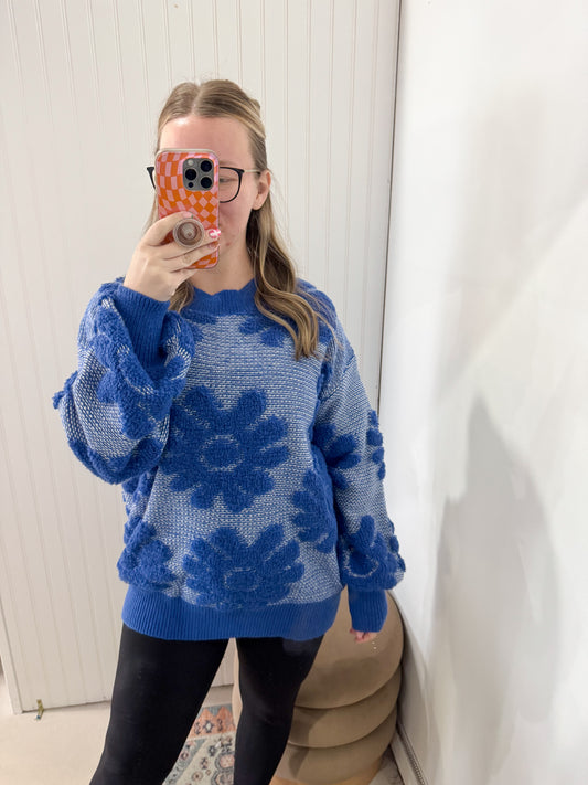 Laina Textured Floral Crewneck Pullover Sweater, Cobalt