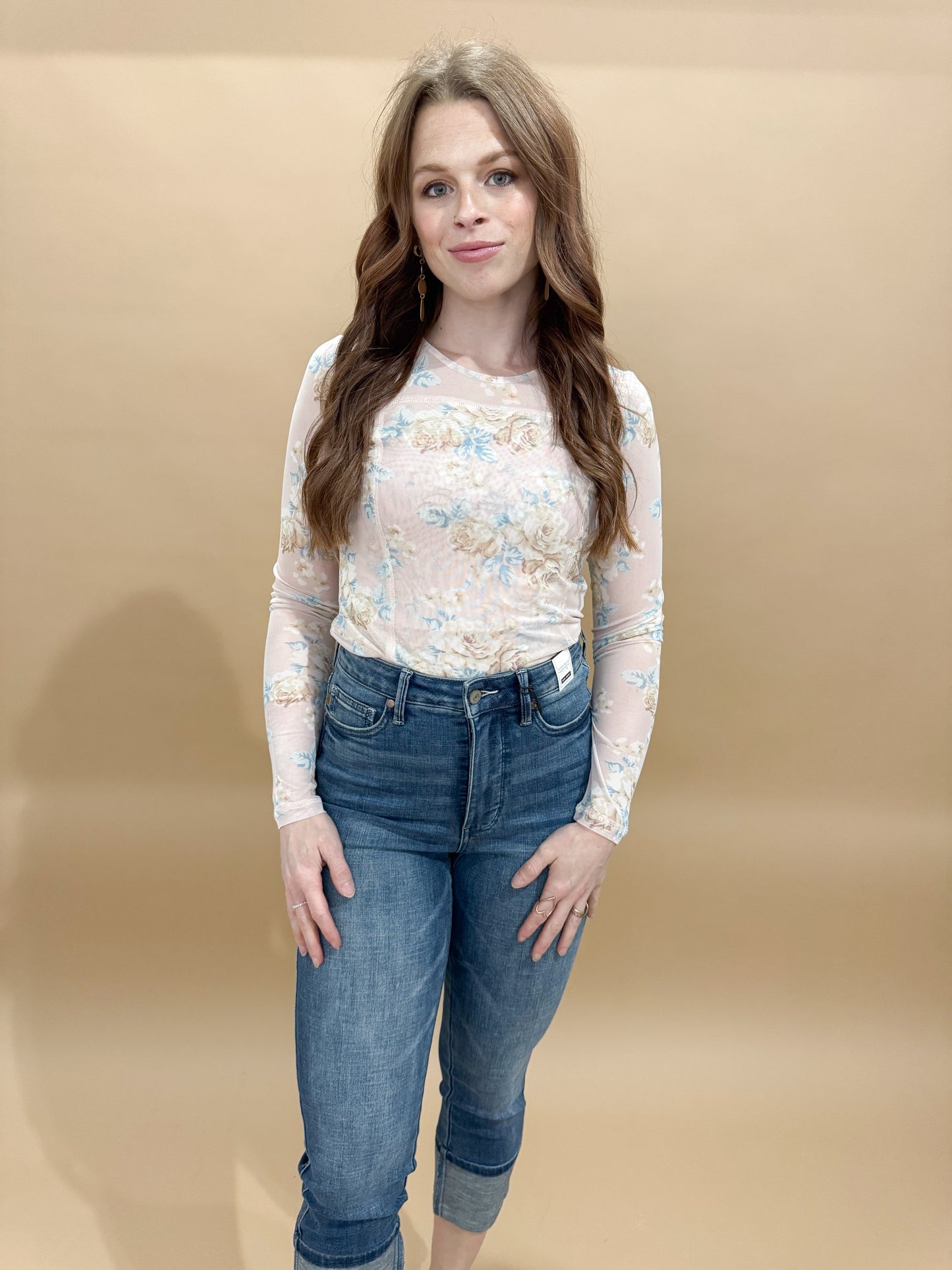 Elvie Floral Print Mesh Fitted Long Sleeve Top, Blush