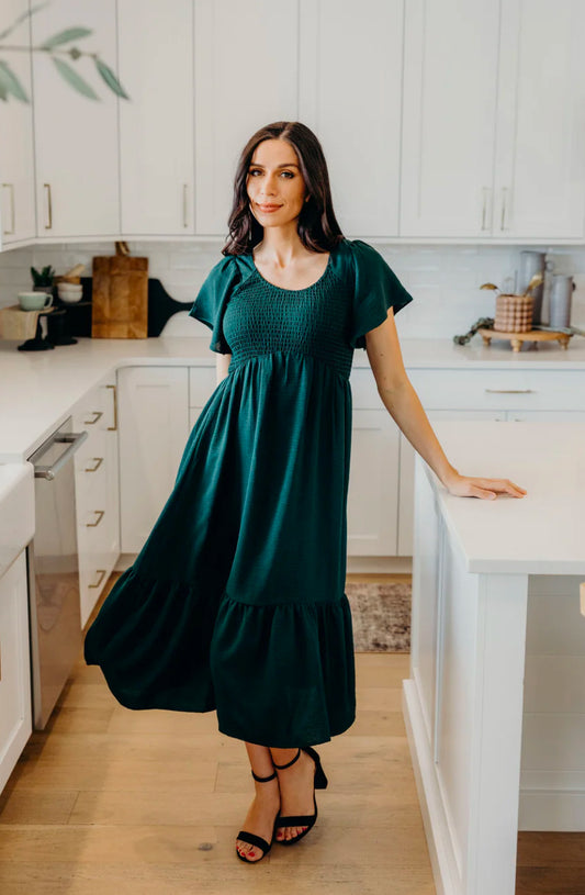 Kendall Smocked Top Midi Dress, Alpine Green