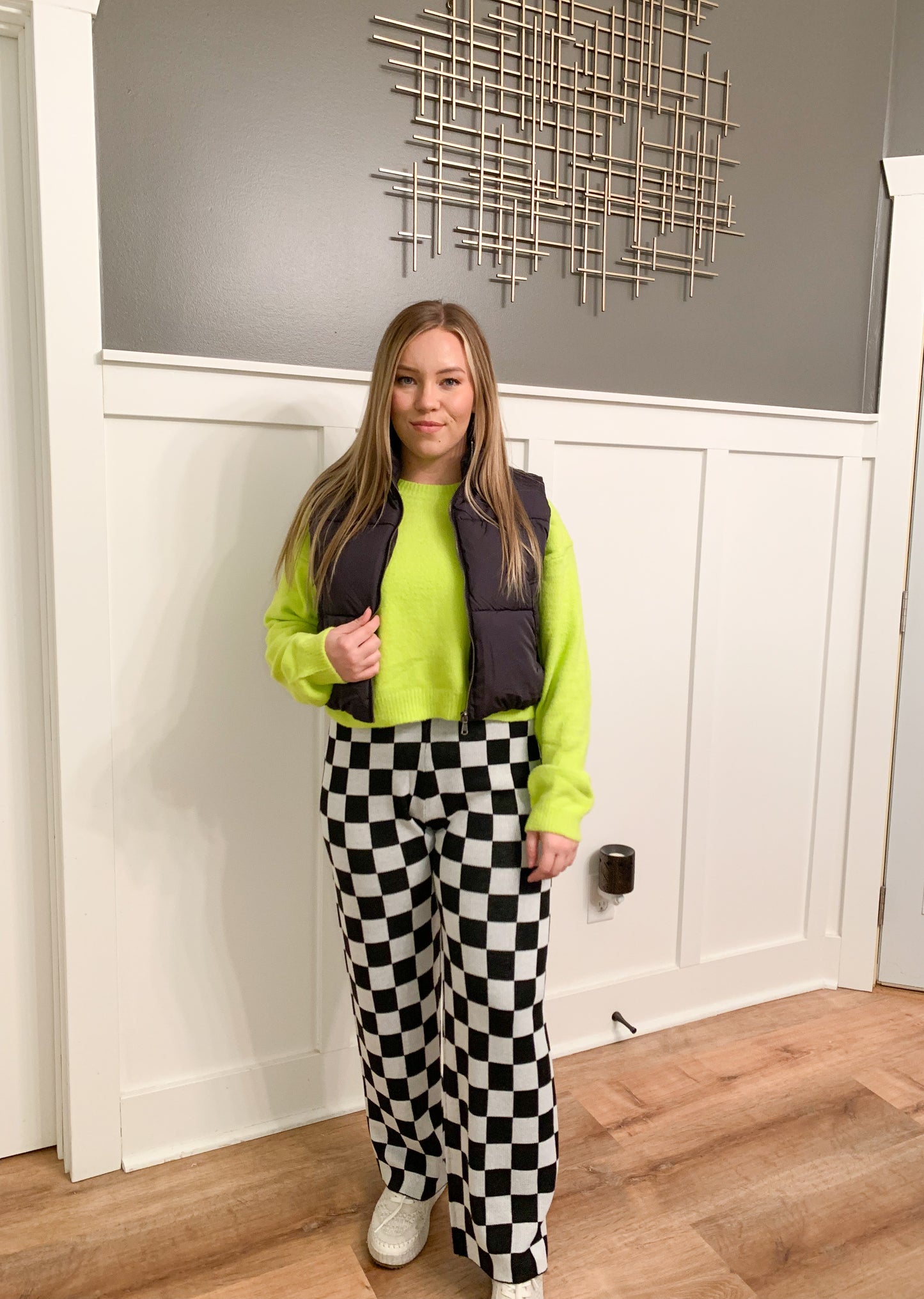 Kelse Checkered Knit Pants, Black