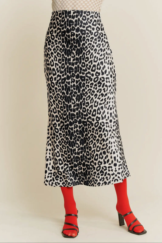 Ricki White Leopard Satin Midi Skirt