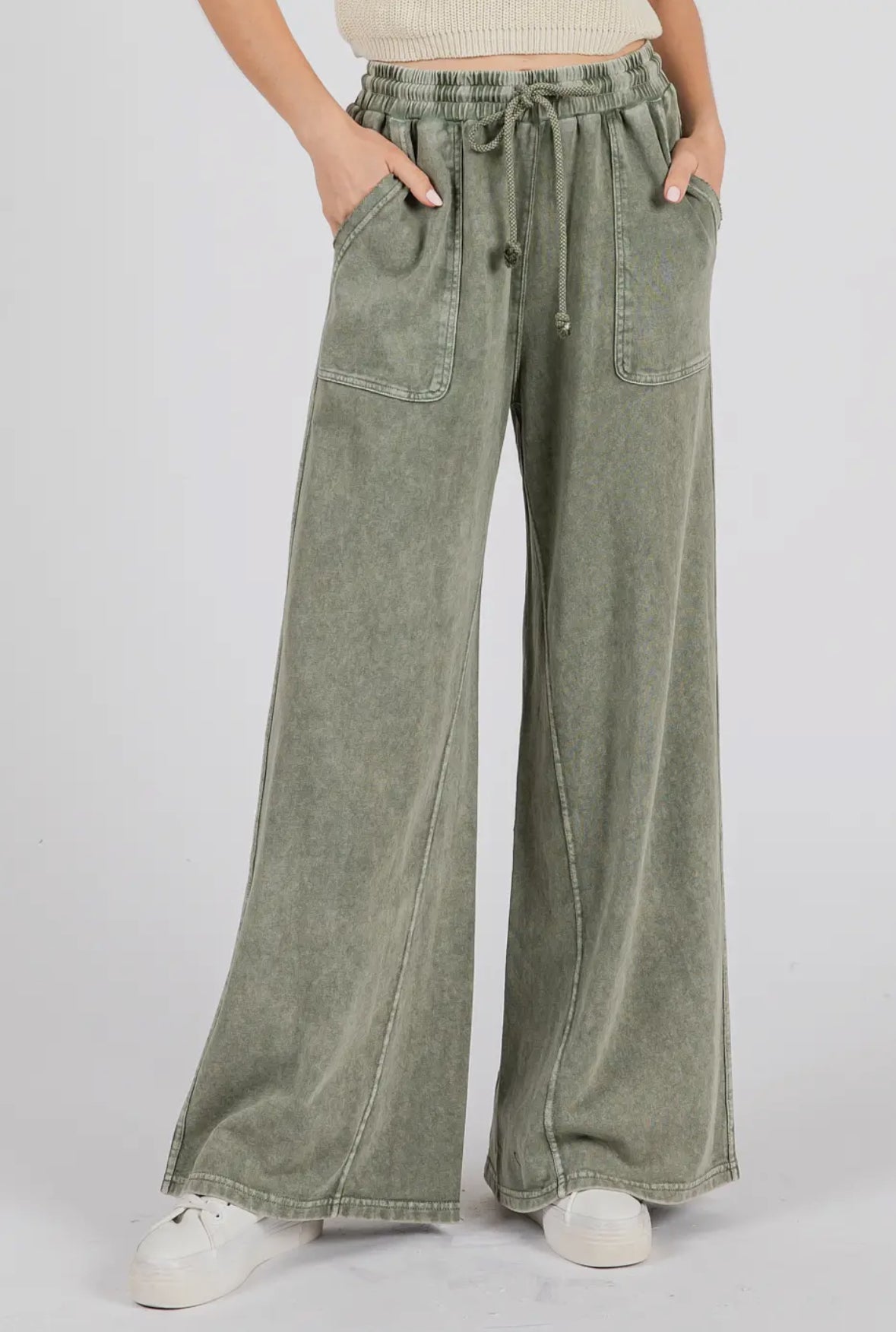 Deanna Mineral Wash Wide Leg French Terry Pants, Olive