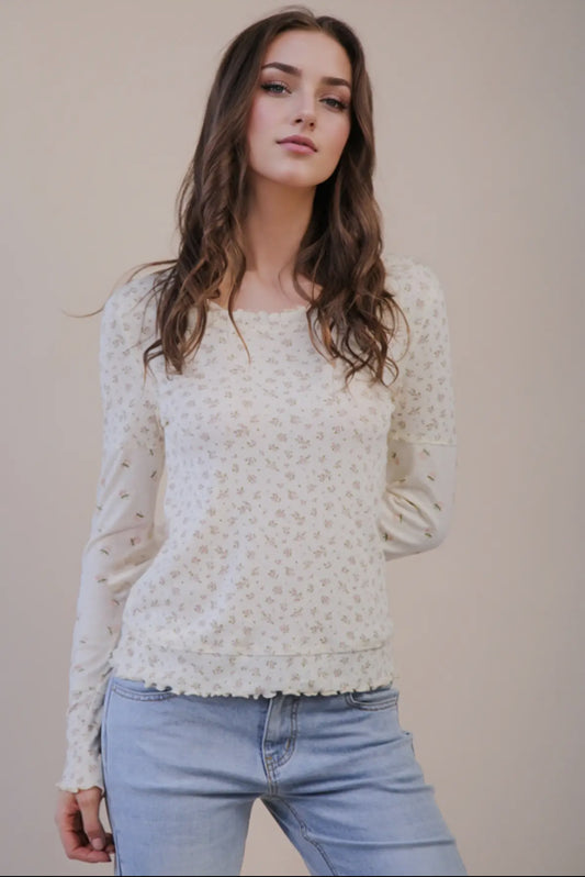 Gigi Floral Long Sleeve Lettuce Hem Top, Blush
