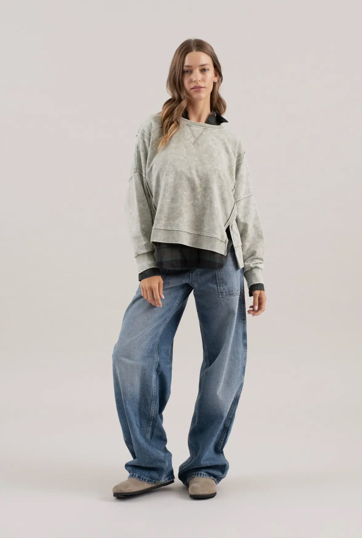 Annie Mineral Wash Crewneck Top, Olive