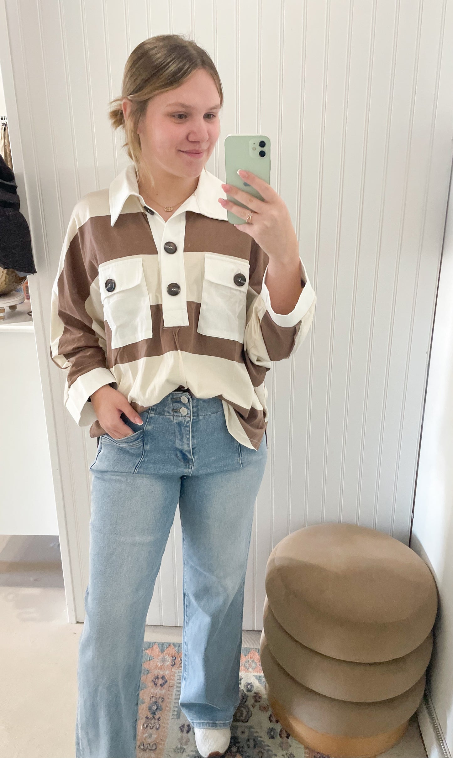 Hadley Striped Oversize Collared Polo Top, Taupe/White
