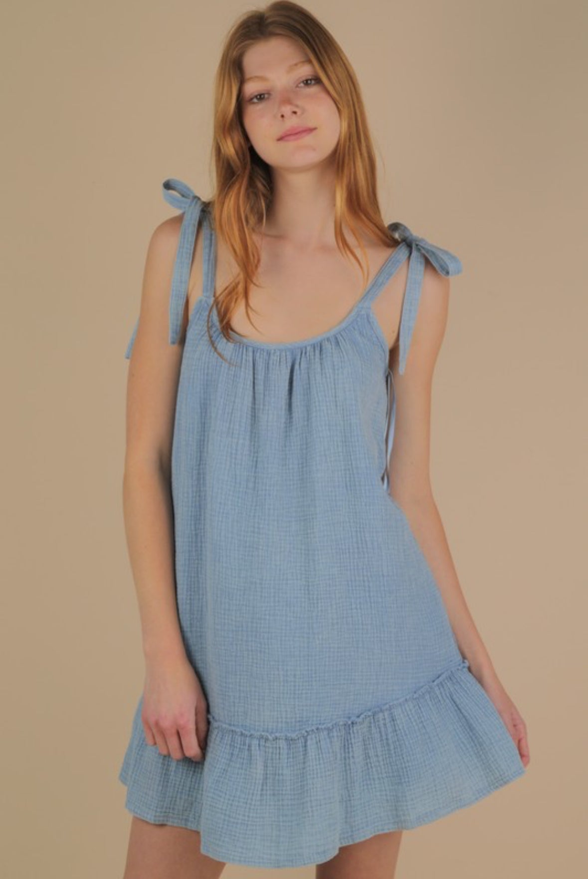 Kathi Mineral Washed Shoulder Tie Mini Dress, Denim