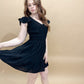 Lyla V-neck Short Sleeve Ruffle Detail Shirred Mini Dress, Black