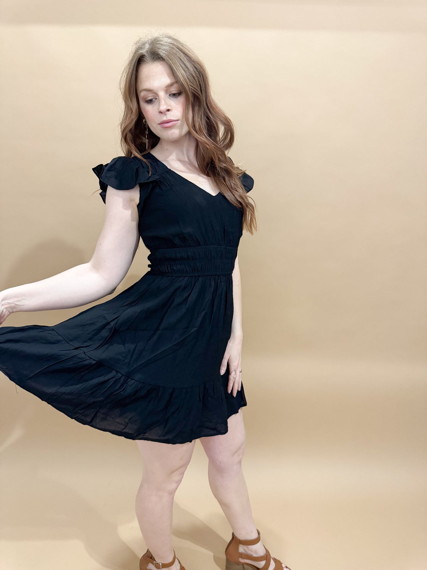 Lyla V-neck Short Sleeve Ruffle Detail Shirred Mini Dress, Black