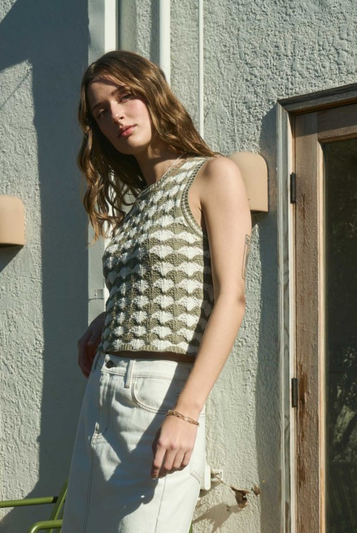 Bryleigh Scallop Pattern Sweater Tank, Olive