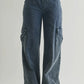 Mineral Wash Wide Leg Cotton Cargo Pants, Denim