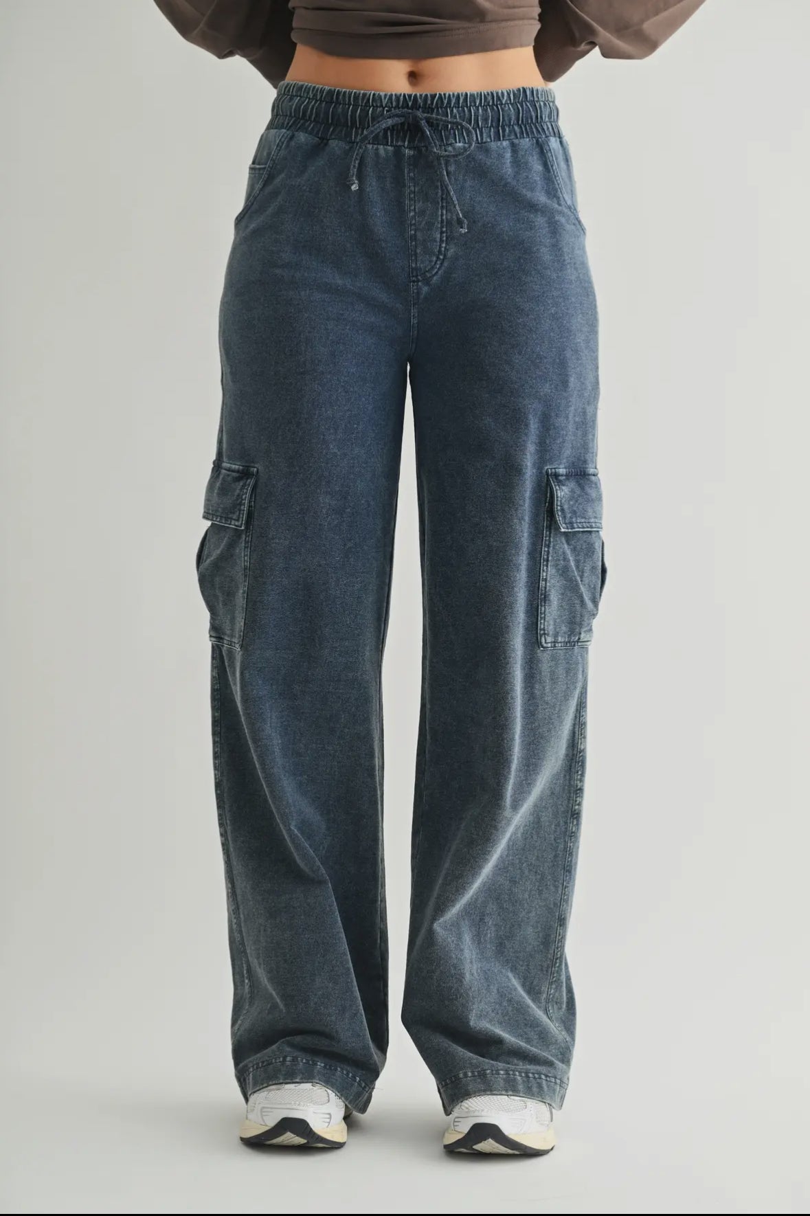Mineral Wash Wide Leg Cotton Cargo Pants, Denim