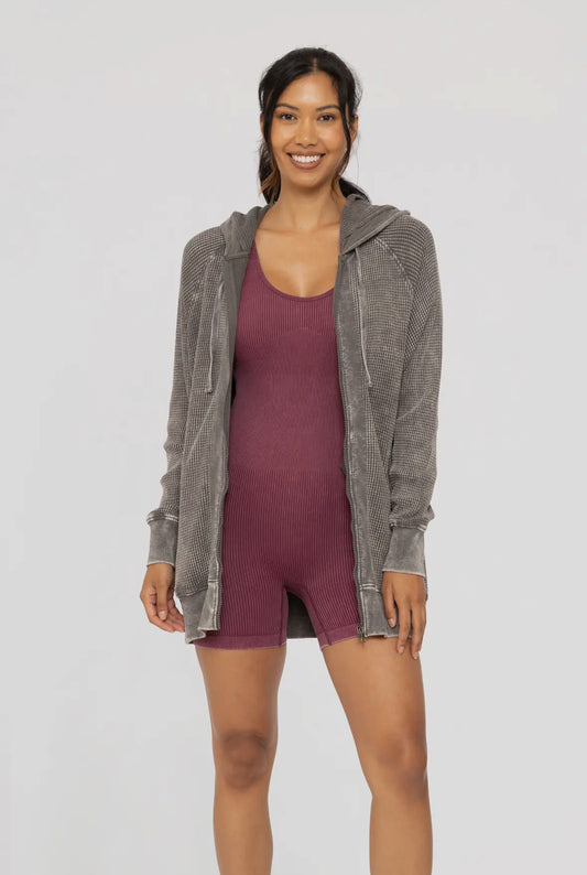 Oversized Mineral Wash Zip-up Hooded Jacket, Urban Chic