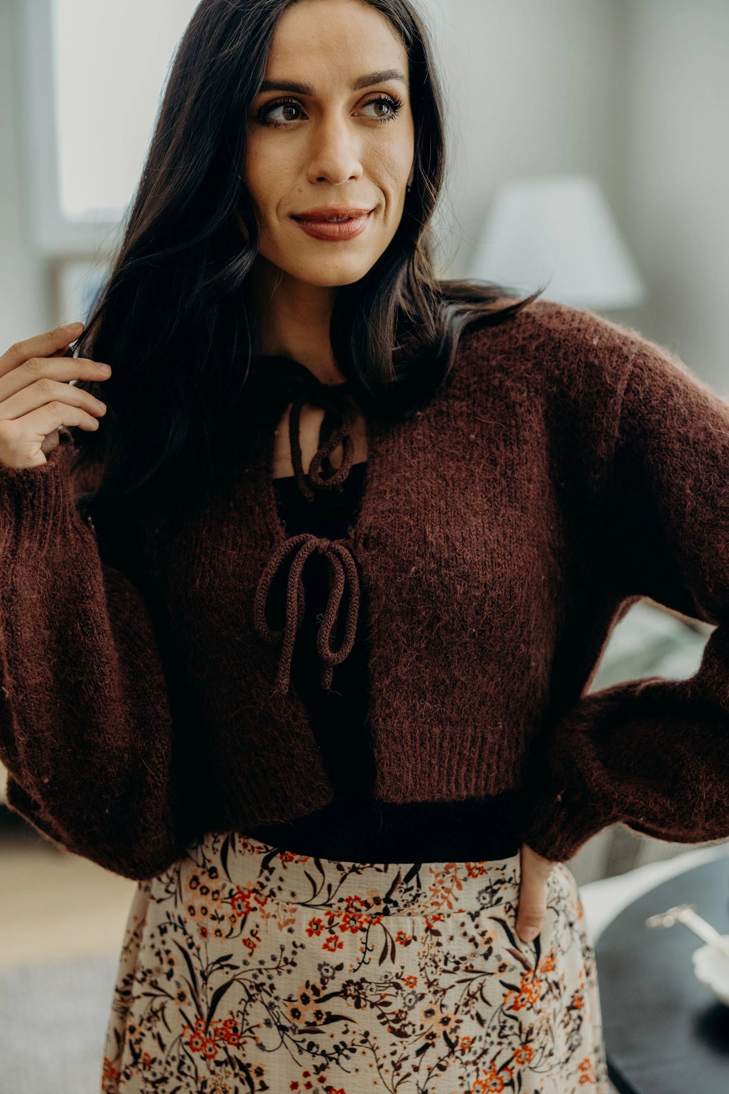 Aria Bow Front Crop Sweater, Foxy Brown