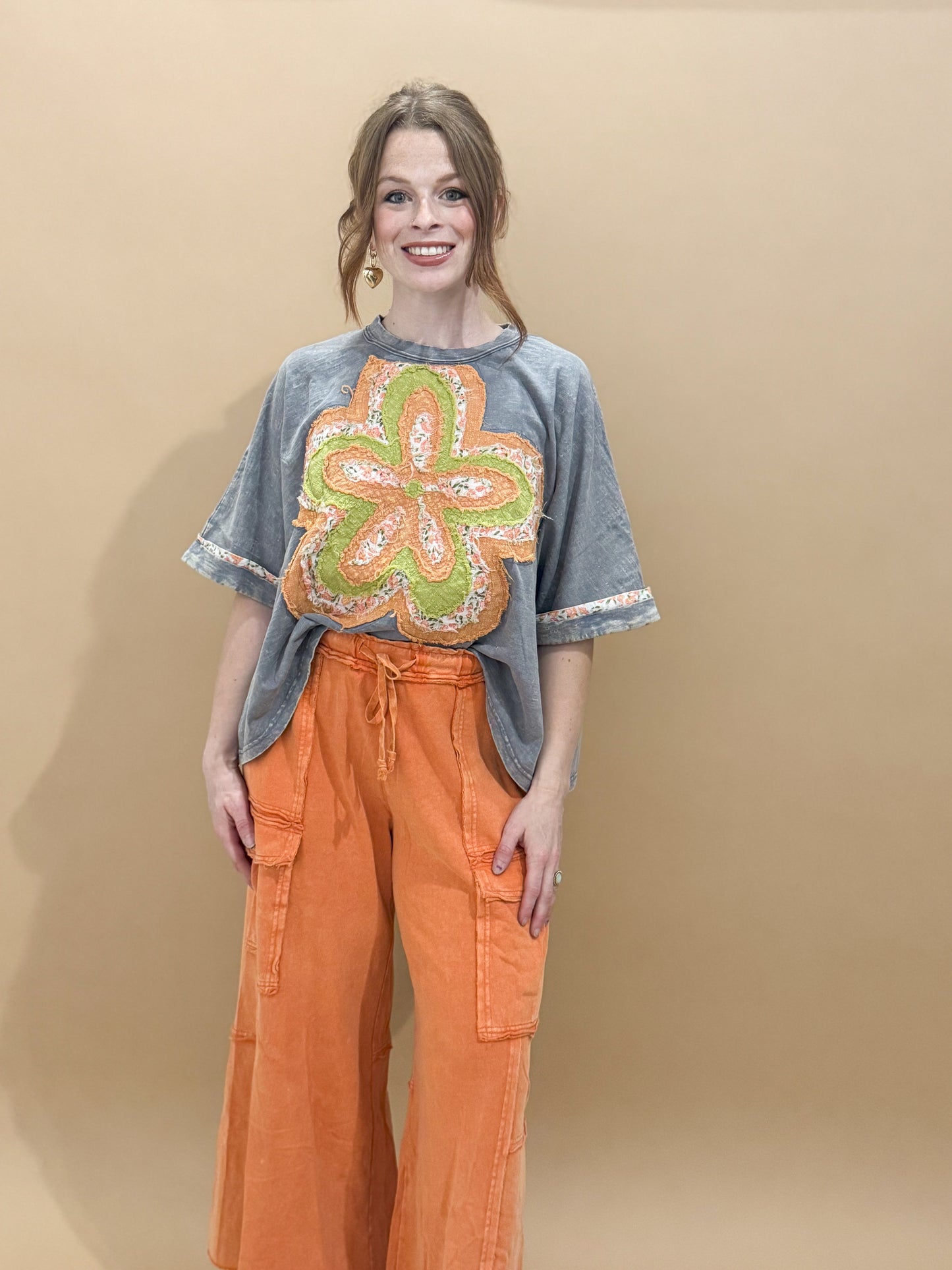 Finleigh Mineral Washed Wide Leg Cargo Lounge Pants, Faded Rust