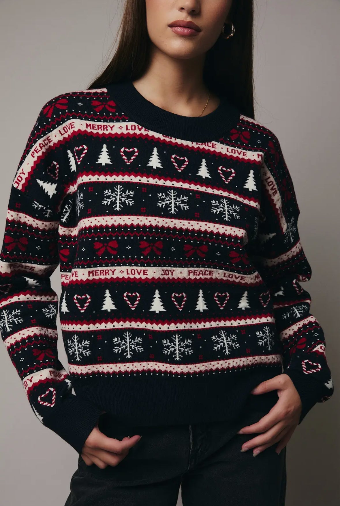 Joy Round Neck Holiday Sweater, Navy