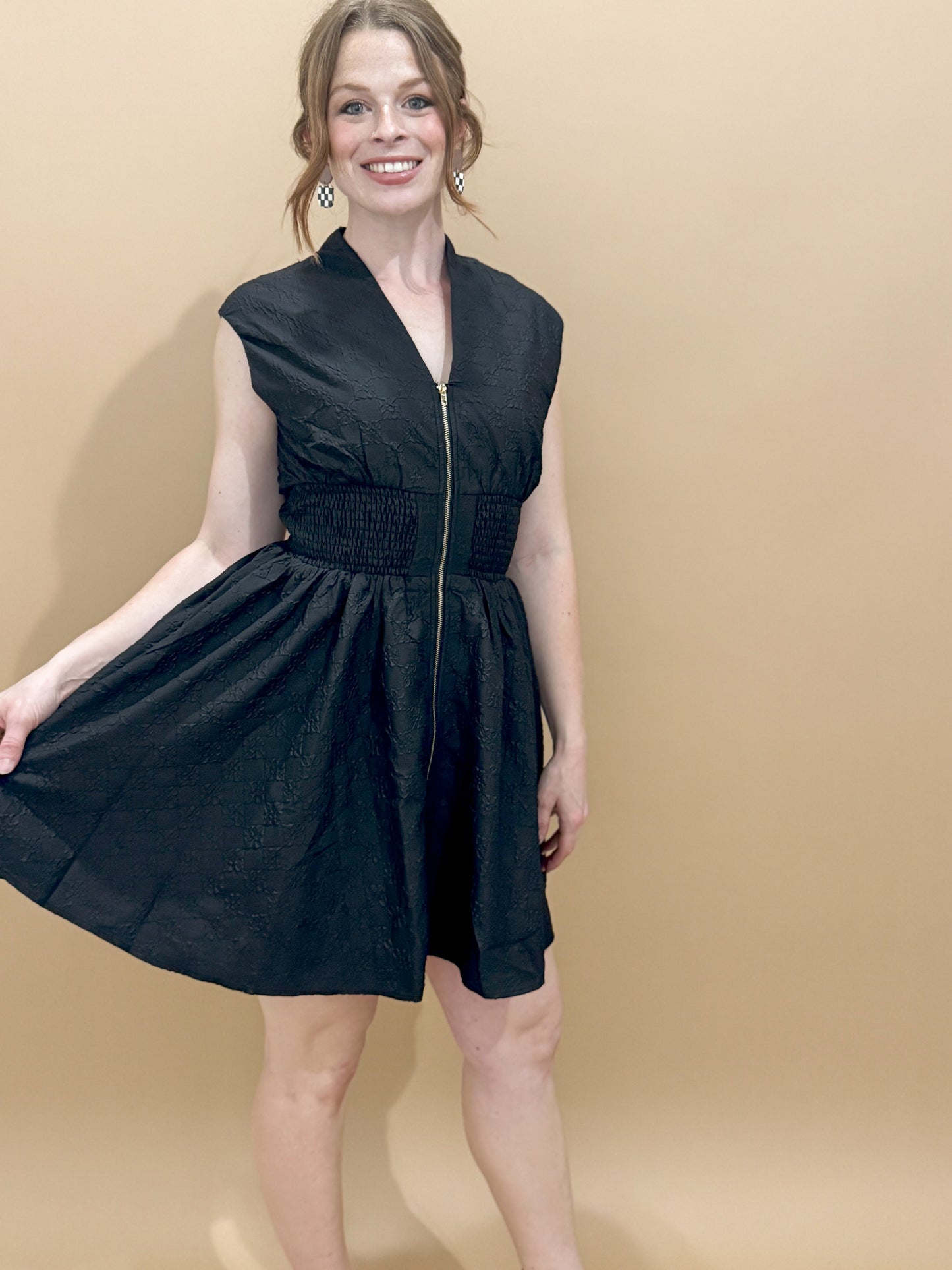 Demi Floral Appliqué Zip Up Mini Dress, Black