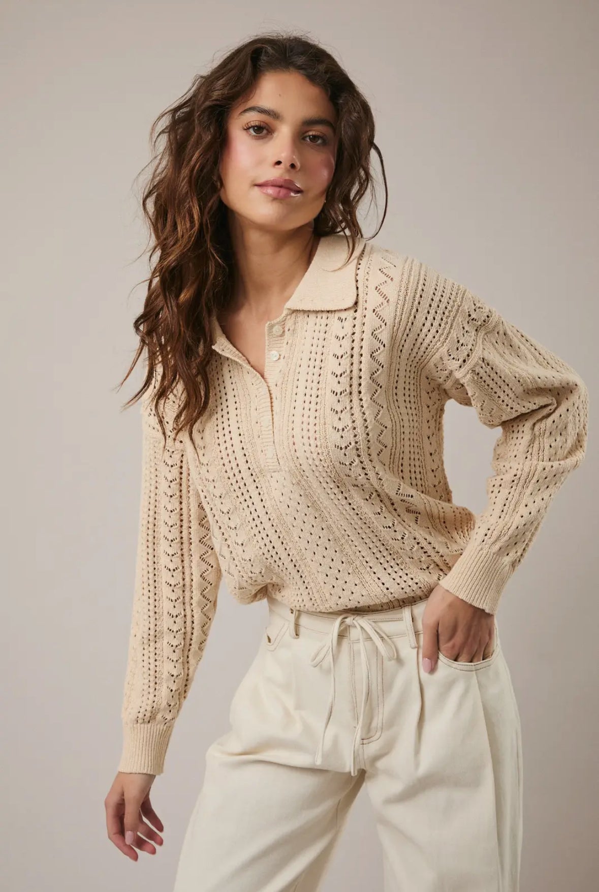 Graci Open Knit Polo Sweater, Beige