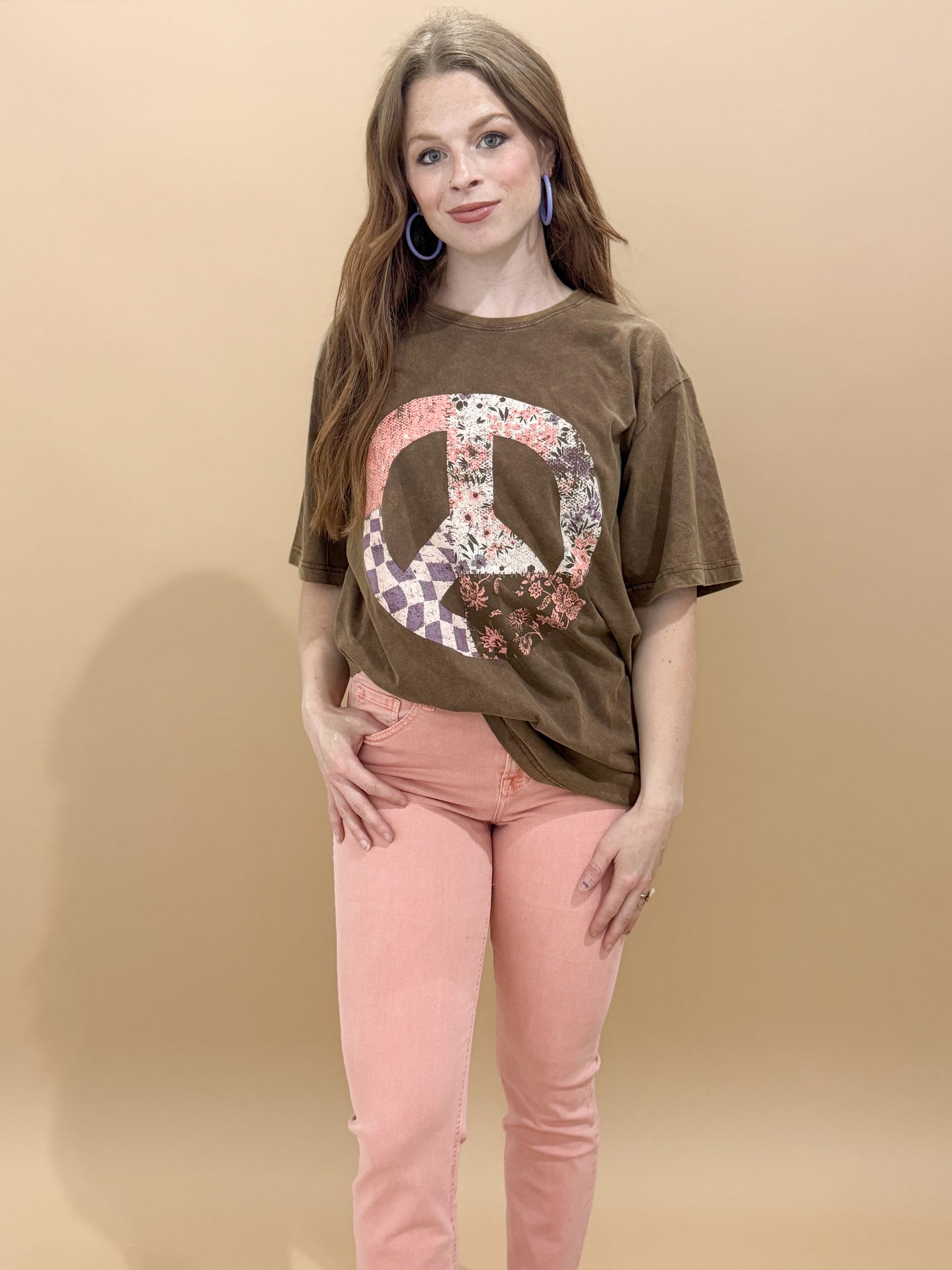 Patchwork Peace Sign Oversized Graphic Tee, Brown