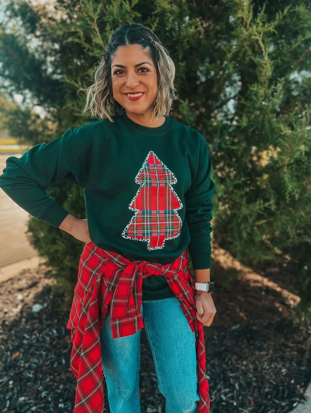 Plaid Christmas Tree Crewneck, Pine Green
