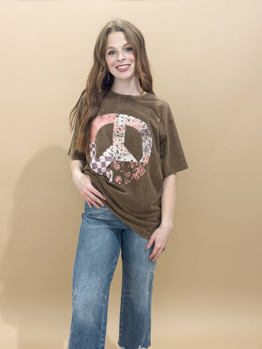 Patchwork Peace Sign Oversized Graphic Tee, Brown