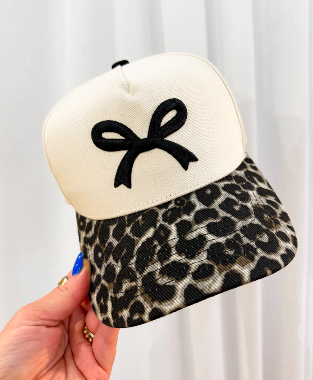 Leopard Bill Trucker Hat with Bow Embroidery
