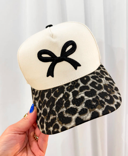Leopard Bill Trucker Hat with Bow Embroidery