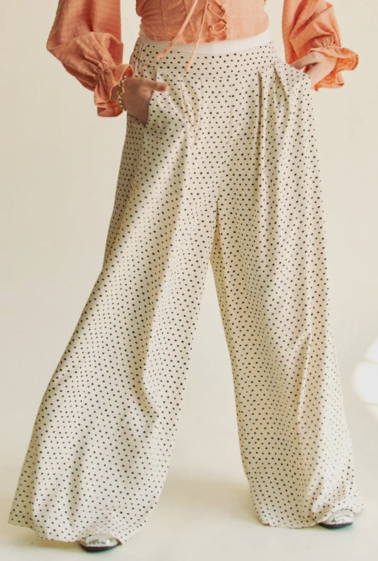 Cassi Pleated Wide Leg Polka Dot Pants, Natural