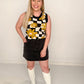 Modern Groove Checkered Flower Sweater Tank Top, Black