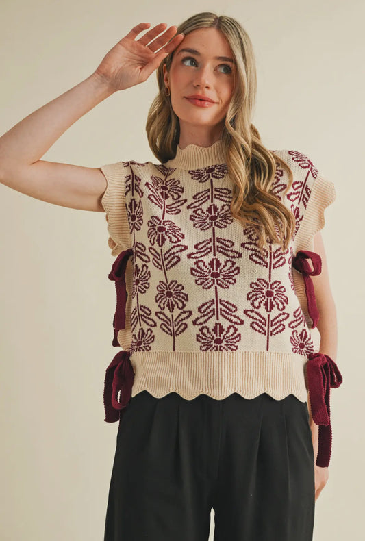 Helena Mock Neck Floral Sweater Vest, Mauve Wine
