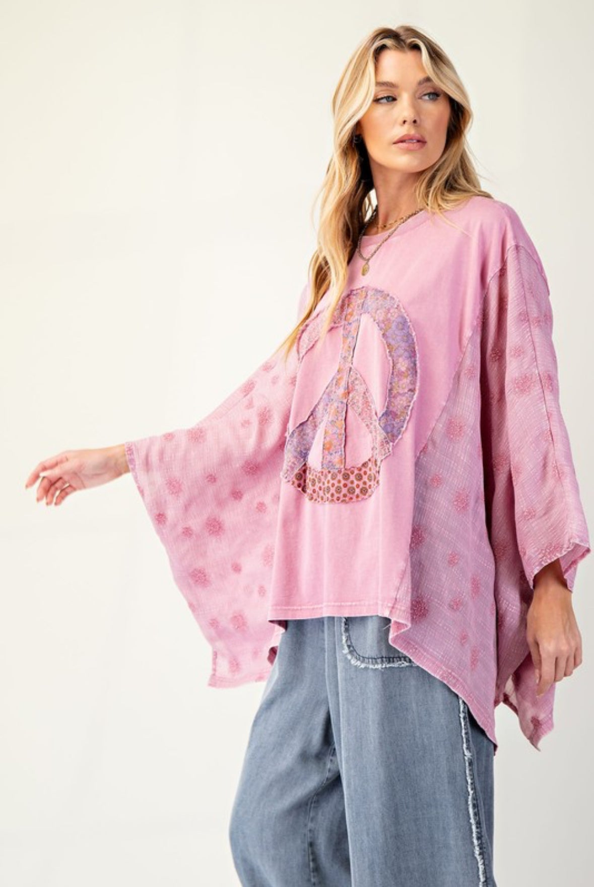 Myra Embroidered Patchwork Peace Sign Poncho, Dusty Rose