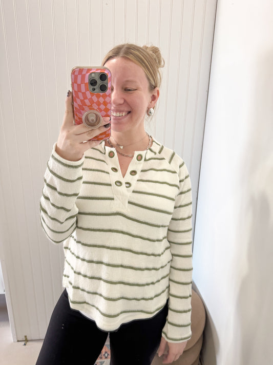 Sophie Metal Eyelet Striped Raglan Sleeve Knit Top, Olive