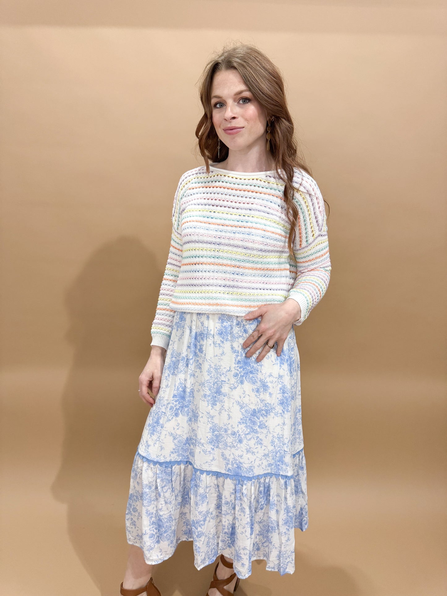 Celine Floral Smocked Sweetheart Ruffle Trim Midi Dress, Blue / White