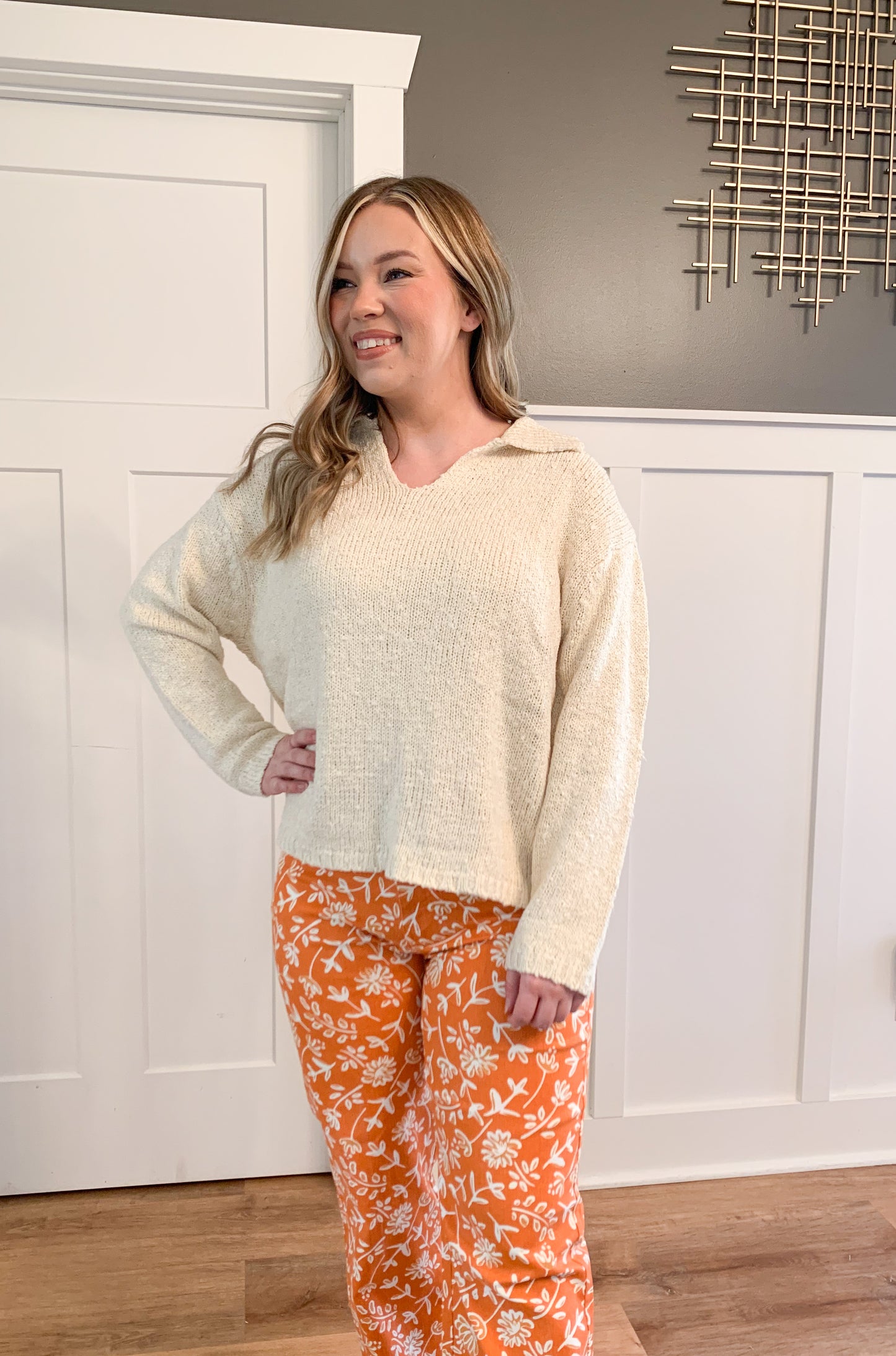 Sia Knit Collared Sweater, Cream