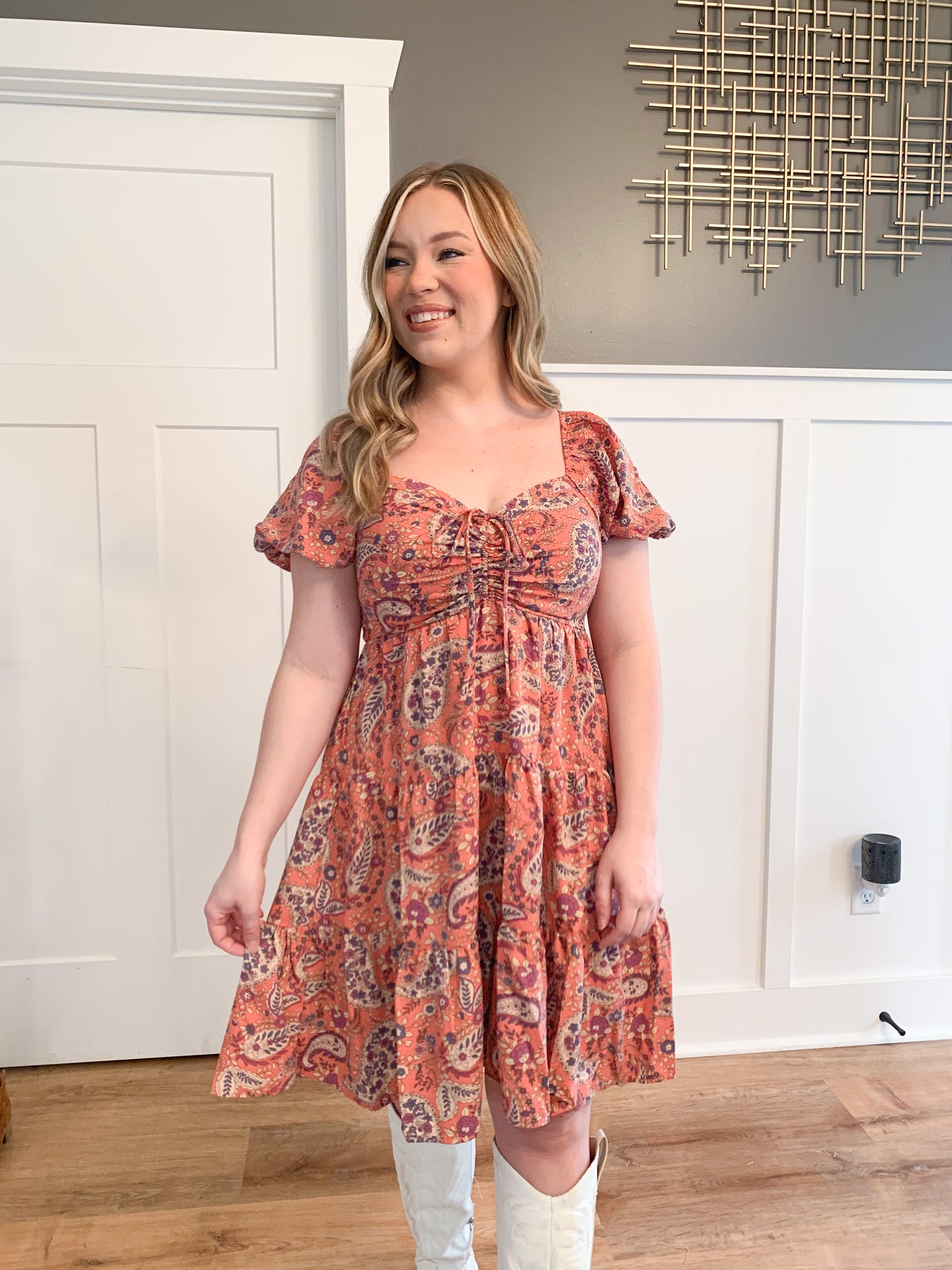 Jae Paisley Pattern Sweetheart Neckline Dress, Coral