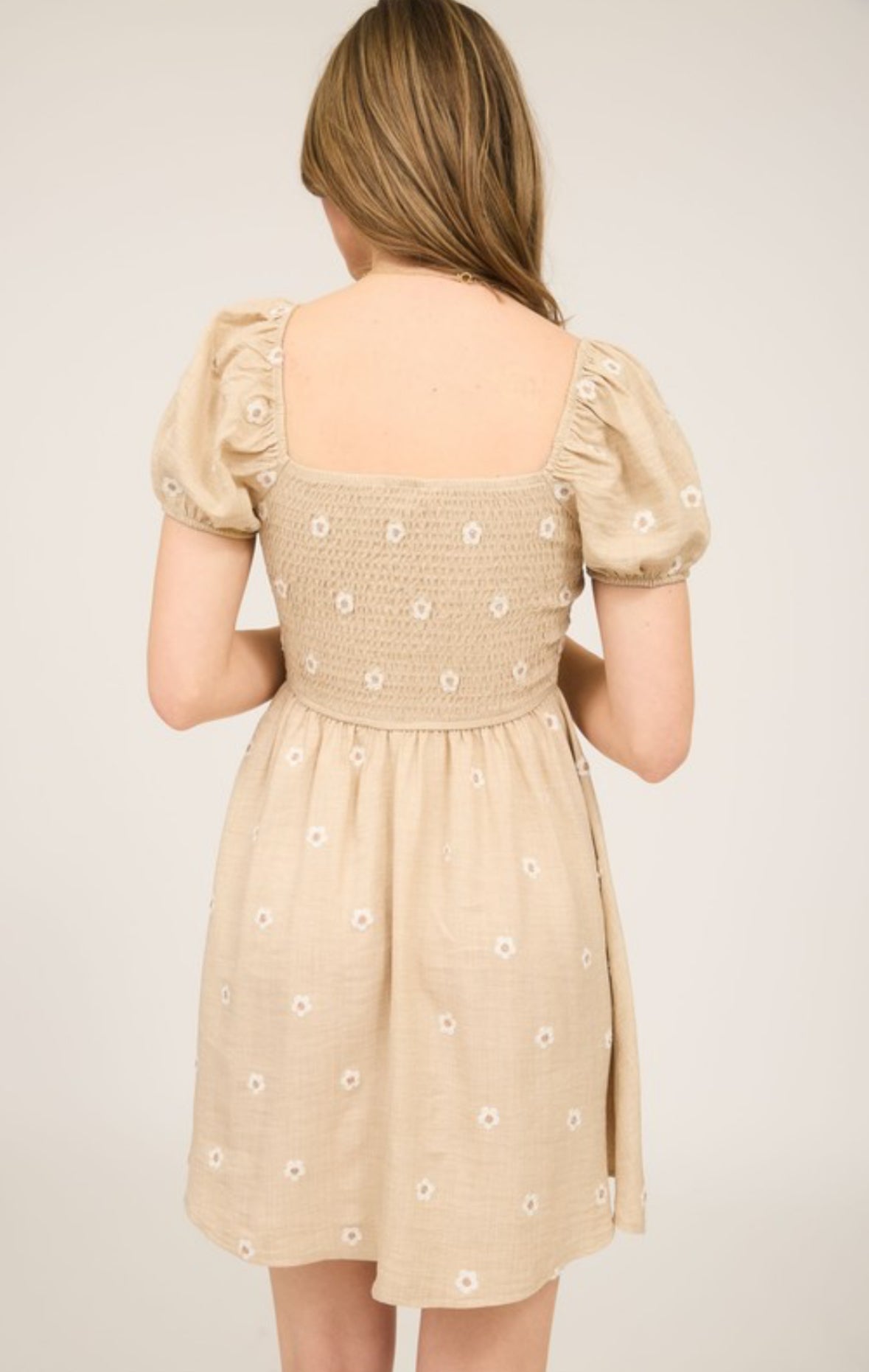 Cecilia Daisy Embroidered Smocked Babydoll Mini Dress, Taupe