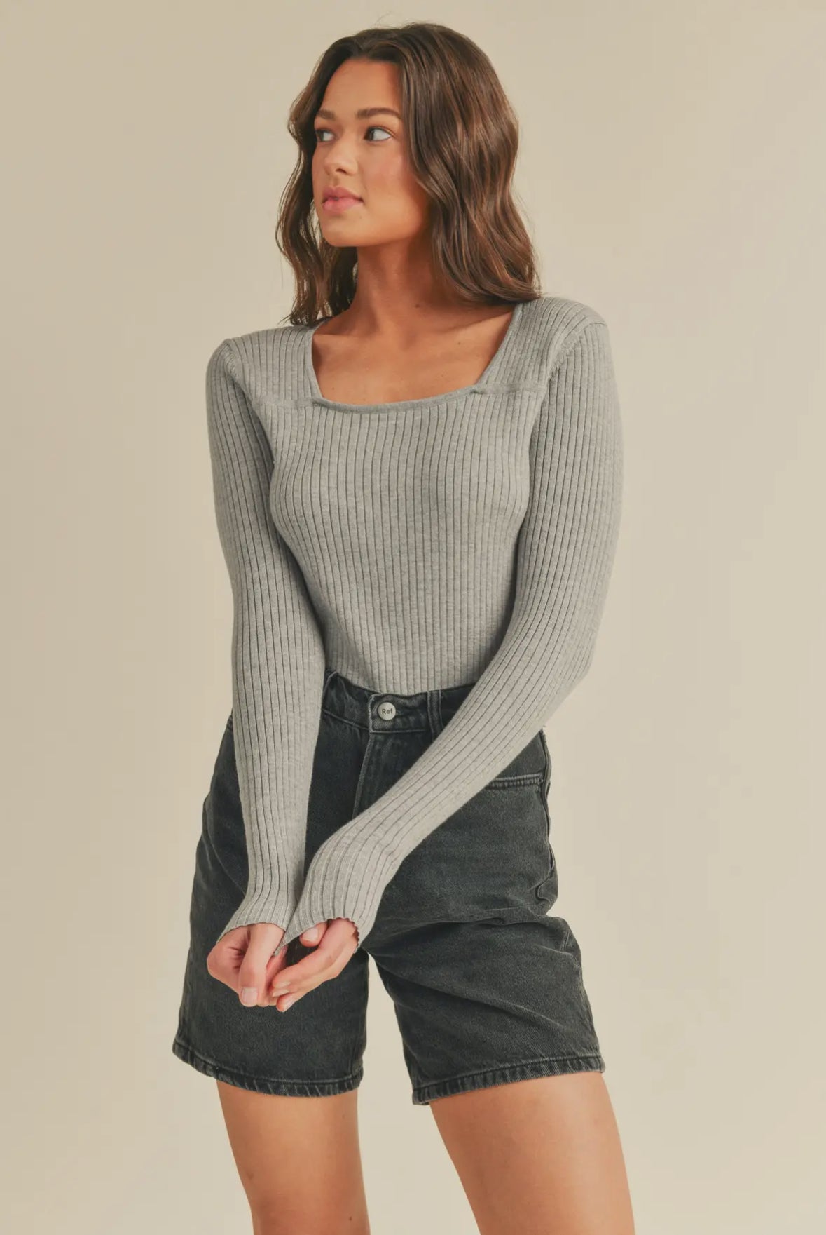 Polly Fitted Square Neck Ribbed Sweater, Heather Grey