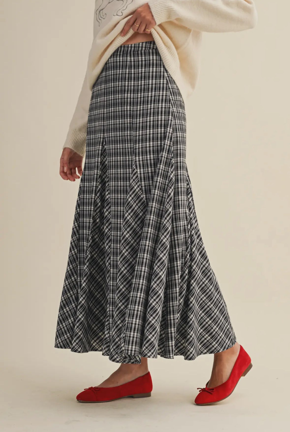 Jinger Plaid Godet Maxi Skirt, Black